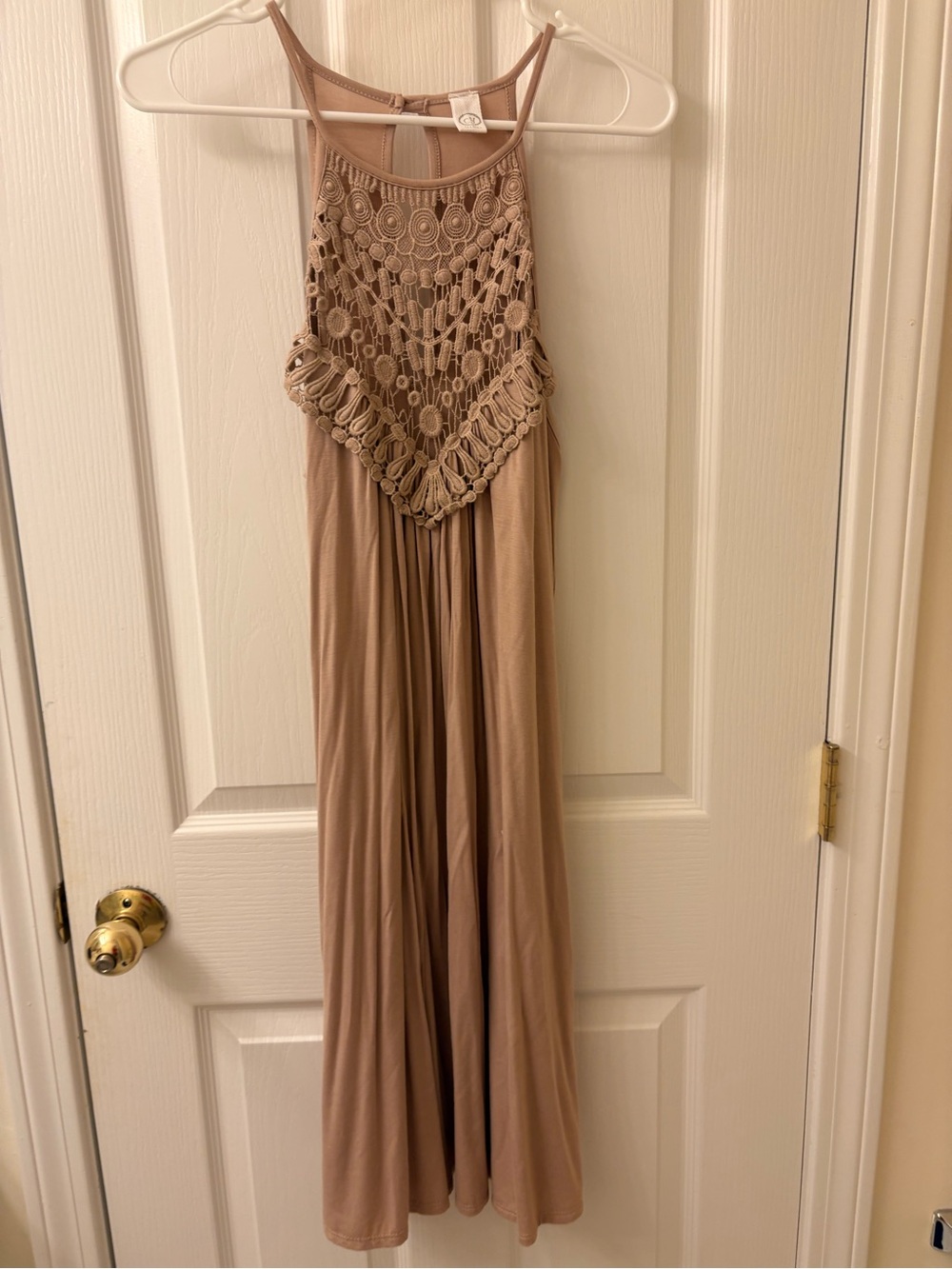 C/MEO Collective Taupe Crochet Halter Midi Dress